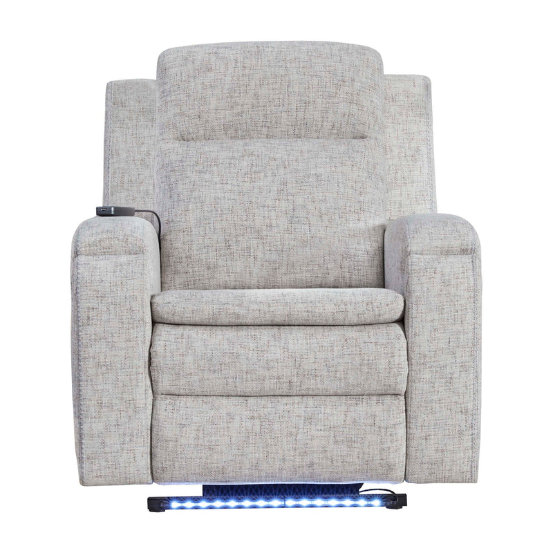 Parker Living Armstrong power massage recliner with heat, massage features, and auto-glide in black leather upholstery.