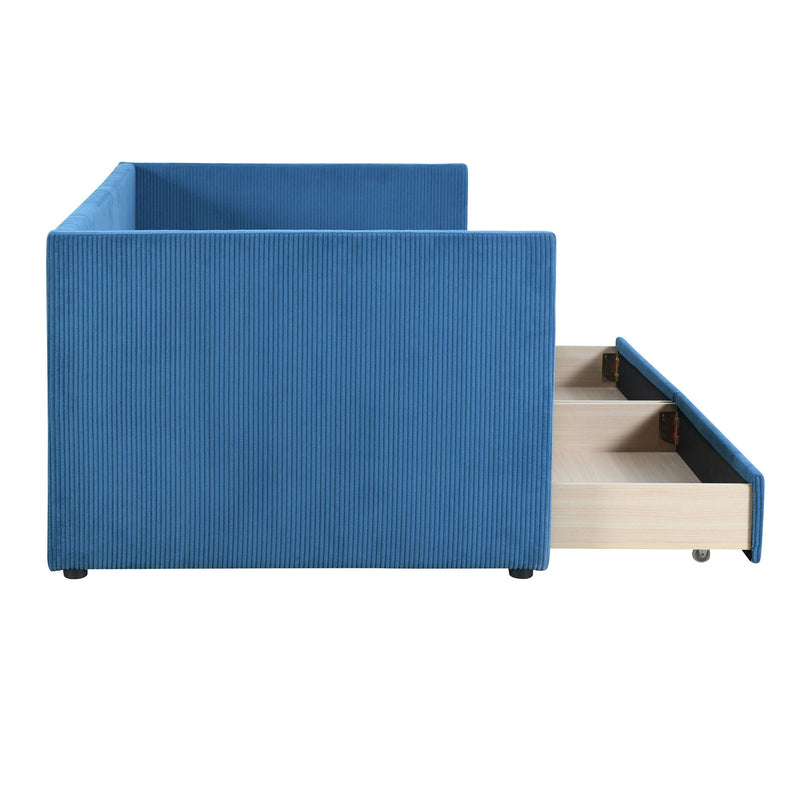 Halcyon Home storage daybed with two drawers and wood slat design, showcasing a modern wooden frame and ample under-bed storage space.