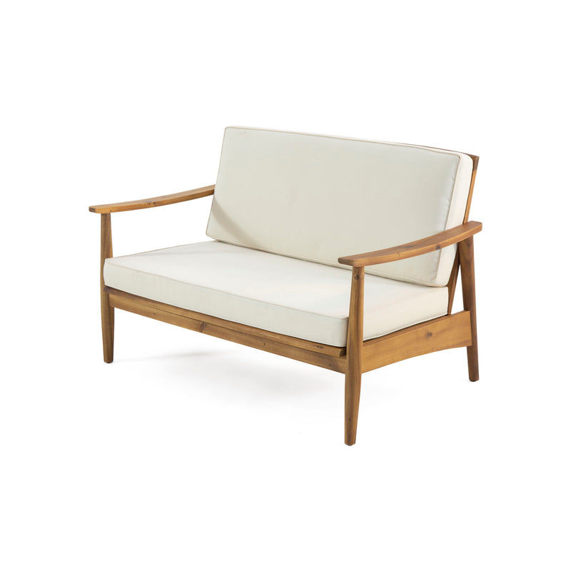Noble House outdoor acacia wood loveseat set with matching coffee table, 2-piece patio furniture for garden or porch seating.