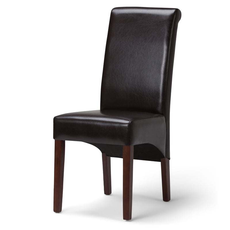 Pair of Avalon Deluxe Parson dining chairs by Simpli-Home, beige upholstered seats with wooden legs, set of two.