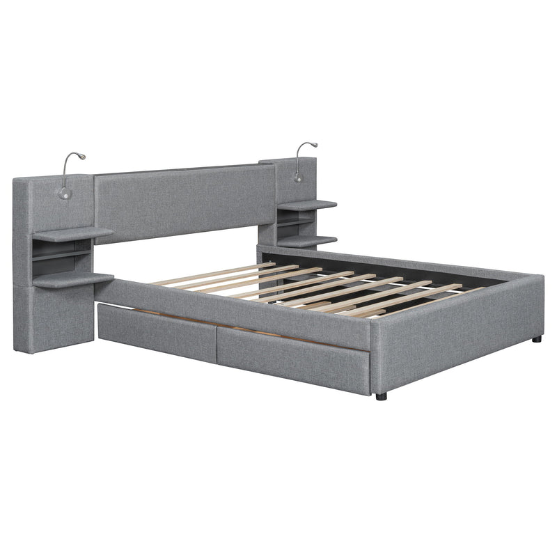 Upholstered Platform Bed With Reading Lights, Drawers, Trundle And Shelves - R&R Furniture Gallery (Fountain Valley, CA)