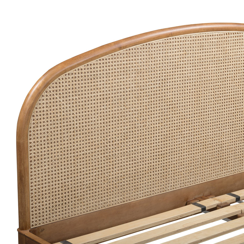 Rattan panel bed by TOV Furniture featuring a natural finish and sleek design, showcasing the sturdy rattan frame and headboard.