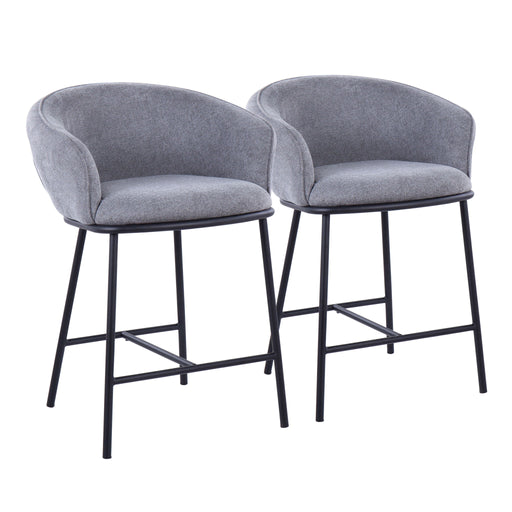 Two Ashland contemporary counter stools by Lumi Source with wooden legs and upholstered seats, set against a modern background.