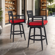 Set of two Life Outside outdoor swivel bar chairs with ergonomic backrests and 360-degree rotation, ideal for patio seating.