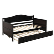 DreamHaus wooden daybed and sofa bed with built-in storage drawers, no box spring needed, in a modern bedroom setting.