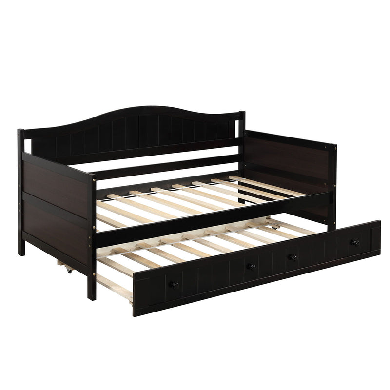 DreamHaus wooden daybed and sofa bed with built-in storage drawers, no box spring needed, in a modern bedroom setting.