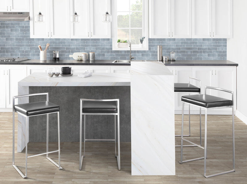 Lumi Source Fuji contemporary stackable barstool set with sleek design, featuring metal legs and wooden seats for modern bar seating.