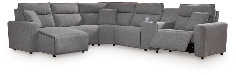 Signature Design by Ashley Modmax II reclining sectional in salt and pepper fabric with plush cushions and reclining seats.