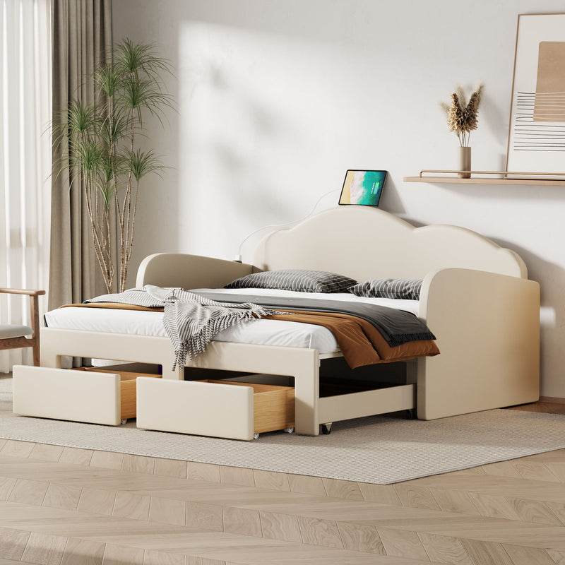 Upholstered Daybed With Cloud-Shaped Backrest, Trundle & 2 Drawers And USB Ports - R&R Furniture Gallery (Fountain Valley, CA)