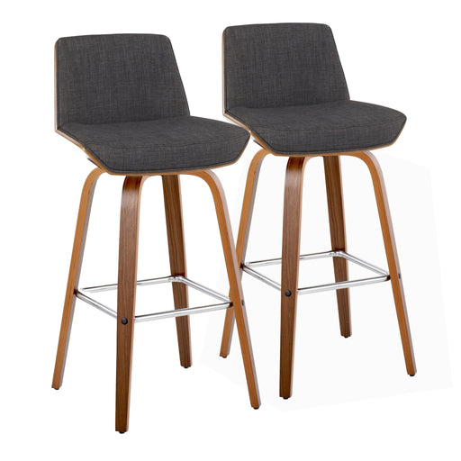 Set of two Lumi Source Corazza mid-century modern fixed height barstools with swivels and square footrests, featuring sleek wooden legs.