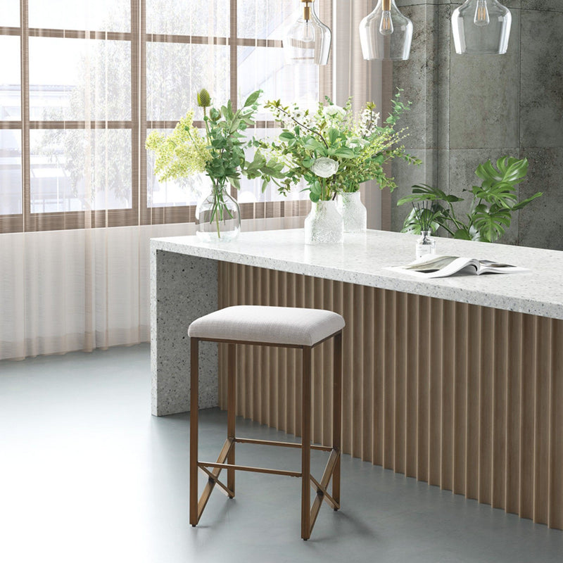 Backless Upholstered Counter Stool With Padded Seat - Ivory / Bronze - R&R Furniture Gallery (Fountain Valley, CA)