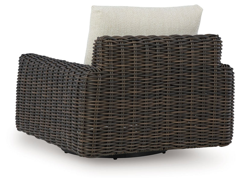 Kimora - 7 Pc. - 4-Piece Outdoor Sectional, Swivel Glider Lounge, Cocktail Table, End Table - Beige / Dark Brown - R&R Furniture Gallery (Fountain Valley, CA)