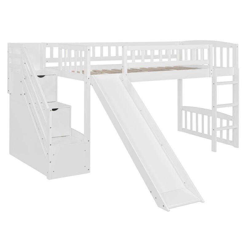DreamHaus loft stairway bed with built-in drawers, convertible ladder, and slide, in a modern bedroom setting.