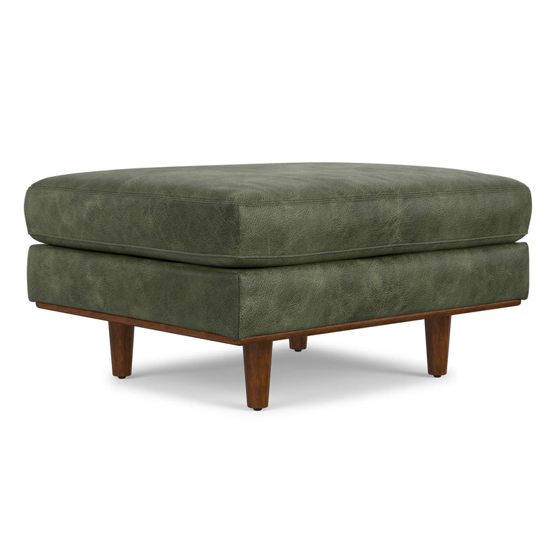 Simpli-Home Morrison handcrafted upholstered ottoman with beige fabric and wooden legs, serving as a stylish accent piece.