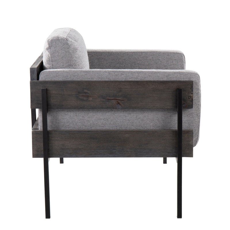 Lumi Source Kari farmhouse accent chair with wooden legs and cushioned seat in a cozy, rustic style.