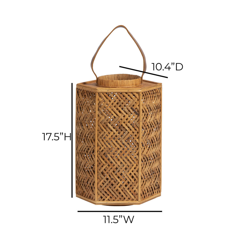 TOV Furniture Andi rattan lantern with woven design and handle for decorative outdoor or indoor lighting.