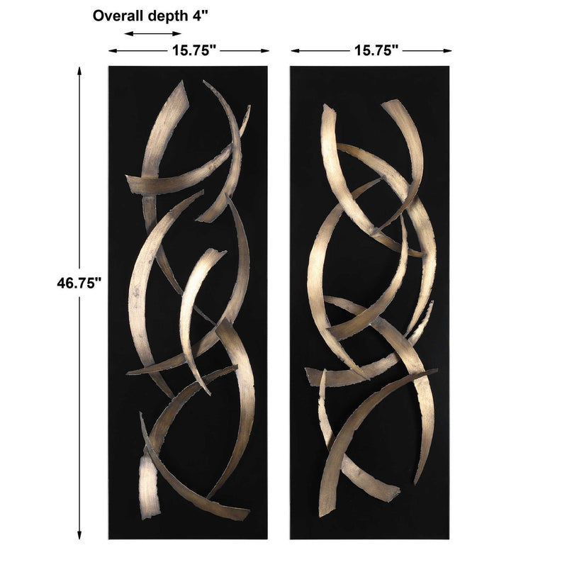 Pair of black metal wall art pieces from Uttermost's Brushstrokes decor set, featuring abstract brushstroke designs for modern wall decoration.