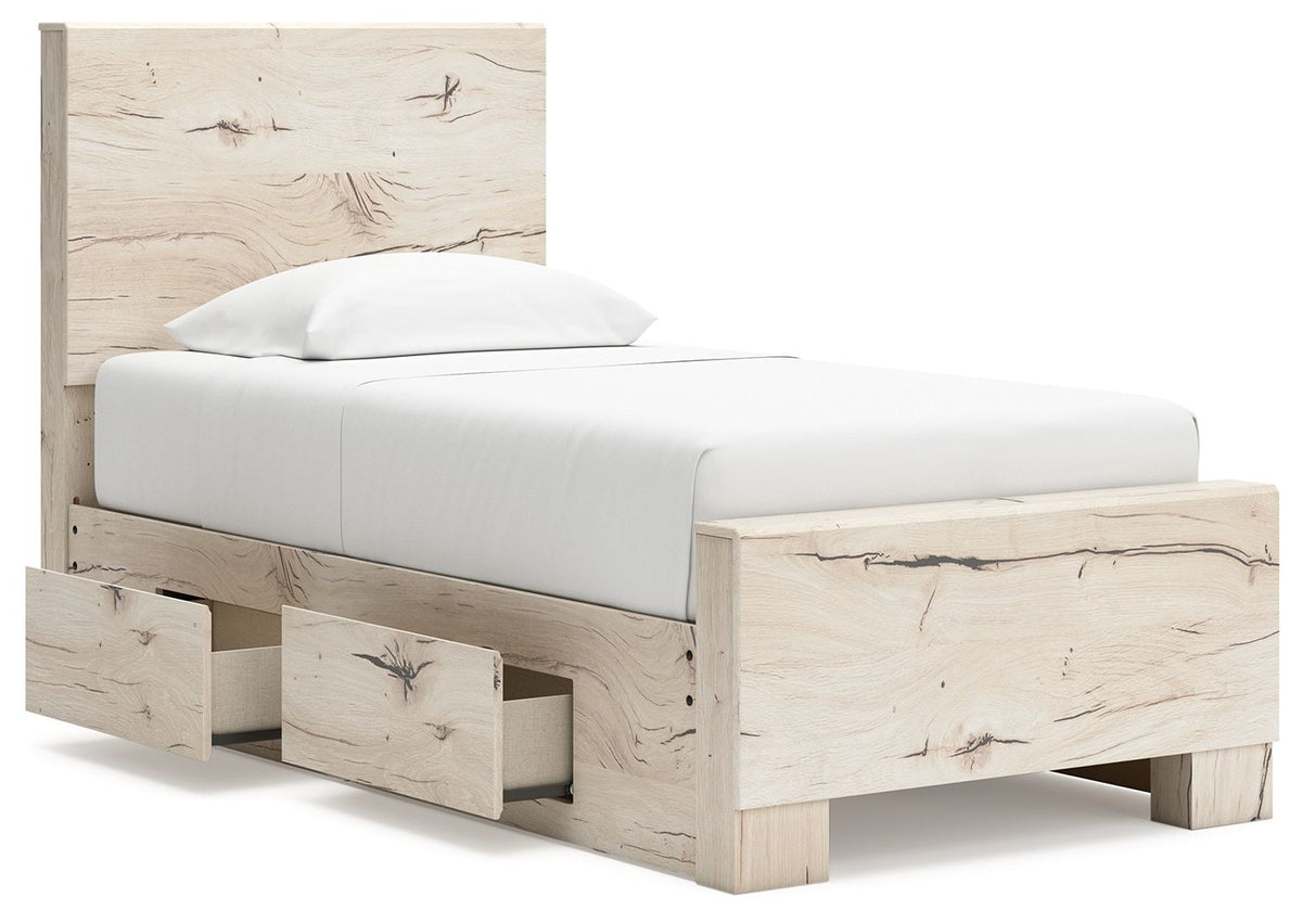 Signature Design by Ashley Lawroy panel storage bed with built-in drawers and modern wood finish, showcasing a stylish bedroom furniture piece.