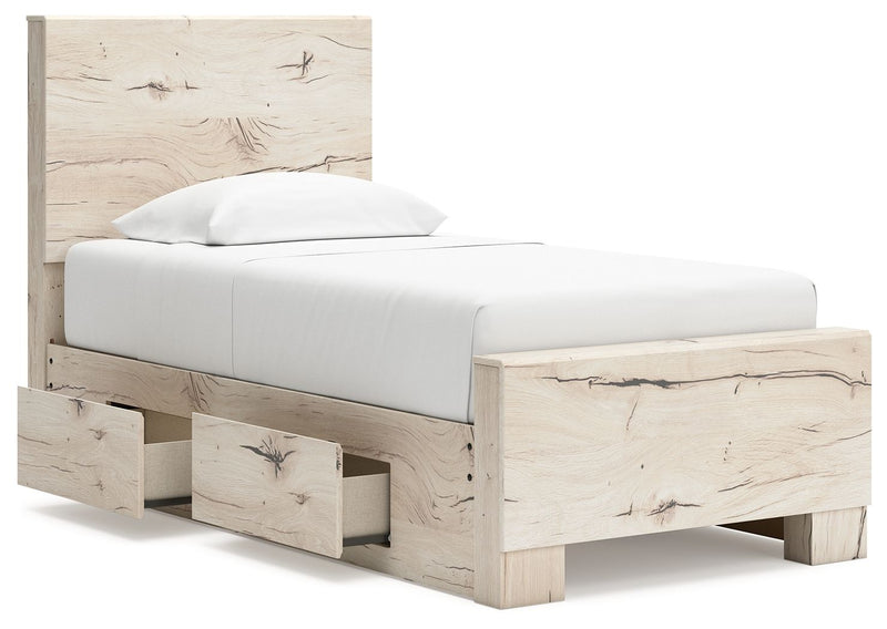 Signature Design by Ashley Lawroy panel storage bed with built-in drawers and modern wood finish, showcasing a stylish bedroom furniture piece.