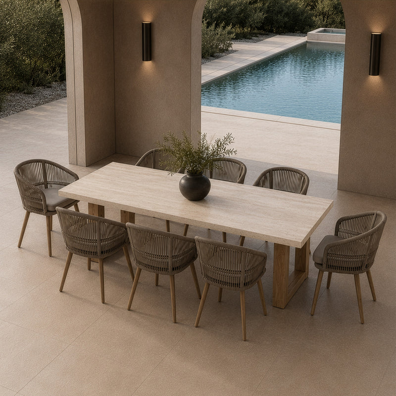 Cascais - Outdoor Grey + Faux Travertine + Eucalyptus Dining Table — view 2