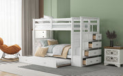 White DreamHaus twin over twin bunk bed with staircase and trundle, featuring sturdy wood construction and space-saving design.
