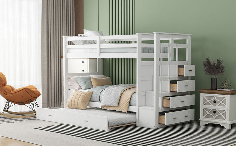 White DreamHaus twin over twin bunk bed with staircase and trundle, featuring sturdy wood construction and space-saving design.