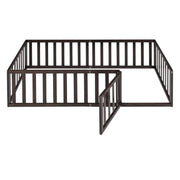 Twin size DreamHaus Walnut floor bed frame with fenced sides and door, featuring a sturdy panel design for kids' bedrooms.