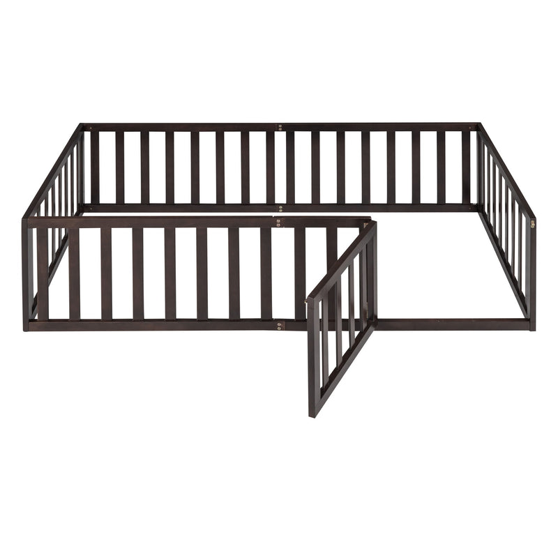 Twin size DreamHaus Walnut floor bed frame with fenced sides and door, featuring a sturdy panel design for kids' bedrooms.