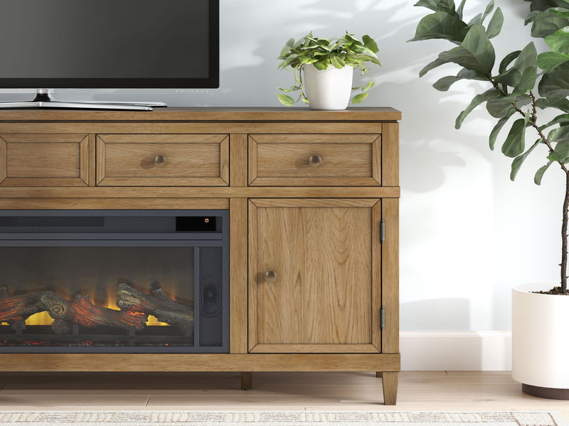 Signature Design by Ashley Sharlance 81-inch TV stand with electric fireplace, wood finish, and modern storage compartments.