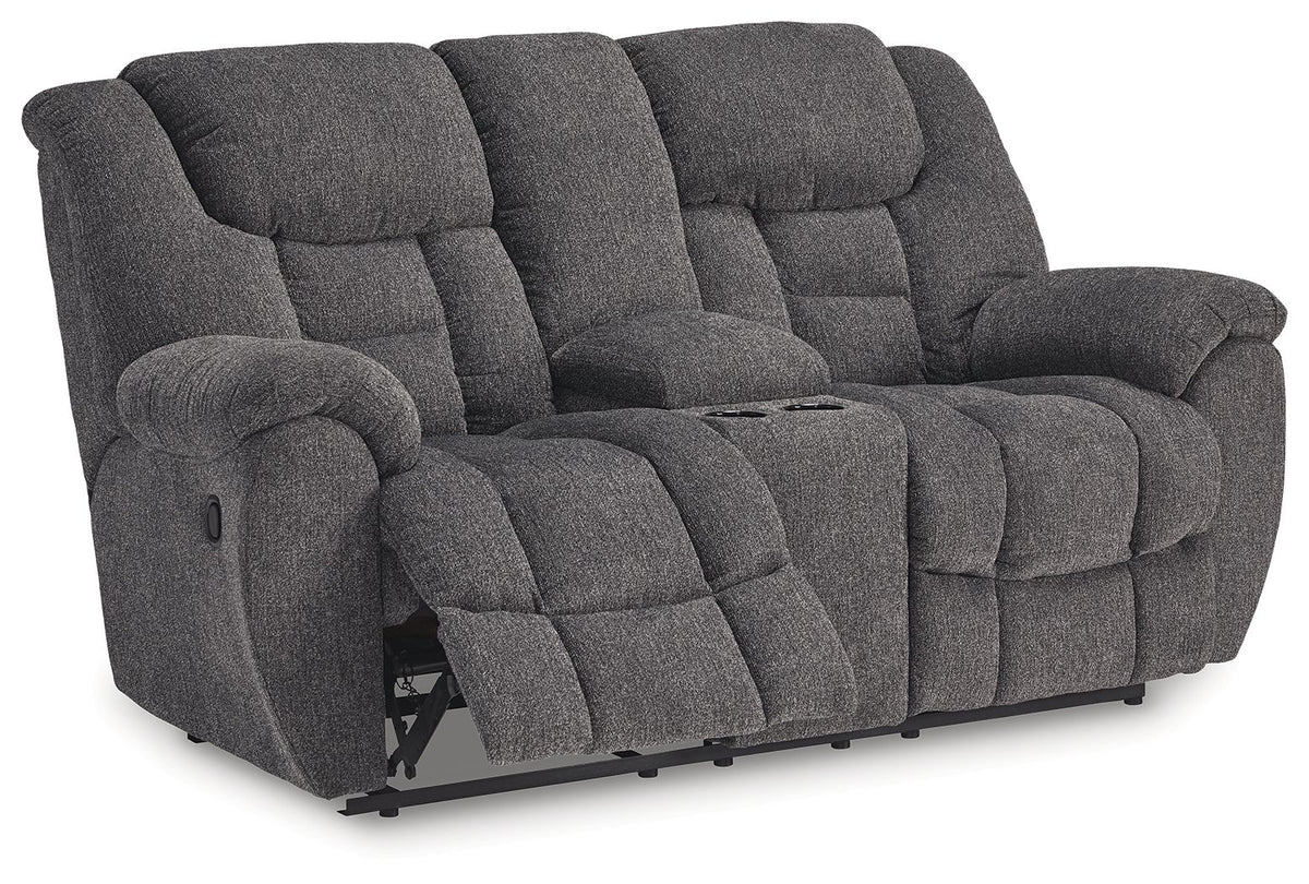 Foreside - Dbl Reclining Loveseat with Console - Charcoal - R&R Furniture Gallery (Fountain Valley, CA)