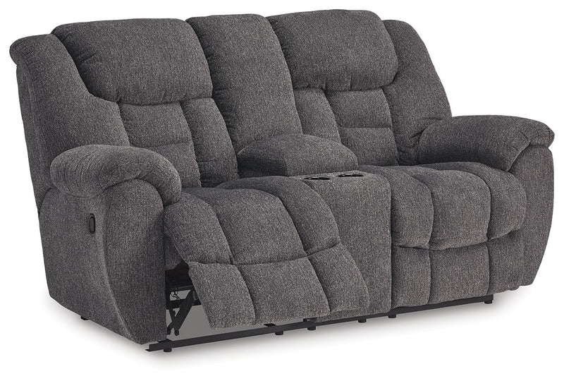 Foreside - Dbl Reclining Loveseat with Console - Charcoal - R&R Furniture Gallery (Fountain Valley, CA)