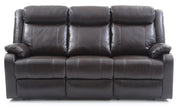 Contemporary three seater reclining sofa from Glory Furniture, upholstered in dark fabric with plush cushions and modern design.
