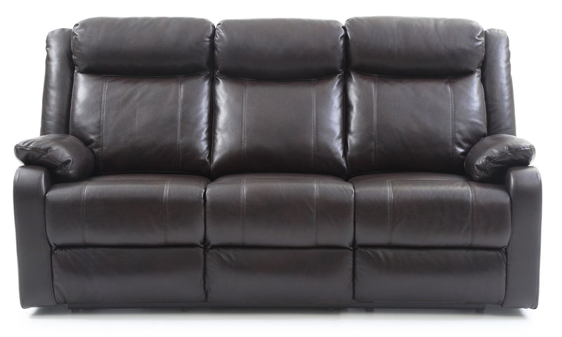 Contemporary three seater reclining sofa from Glory Furniture, upholstered in dark fabric with plush cushions and modern design.