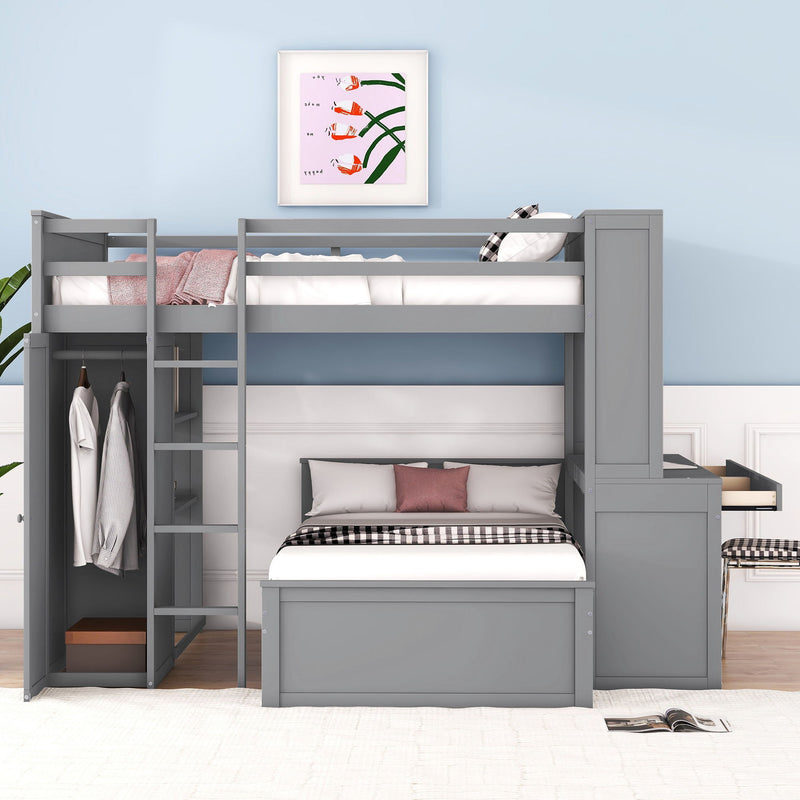 DreamHaus loft bed with twin-sized standalone bed, shelves, desk, and wardrobe in a modern bedroom setup.