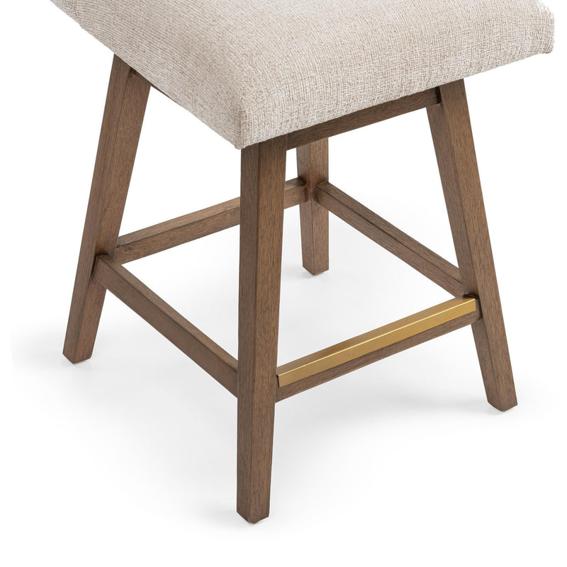 Classic Home Ava swivel counter stool in vanilla oat fabric with wooden legs, designed for 24-27 inch counter height.