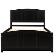 DreamHaus platform bed with matching headboard, footboard, and wood slat support shown in a modern bedroom setting.