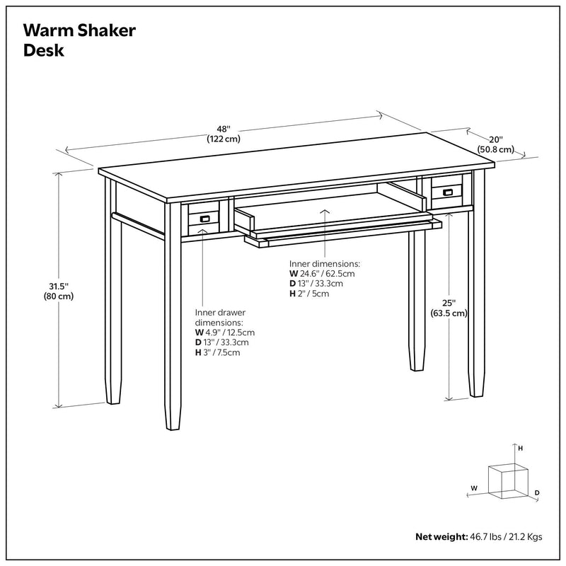 Warm Shaker handcrafted wooden writing desk by Simpli-Home with smooth surface and sturdy legs in a natural finish.