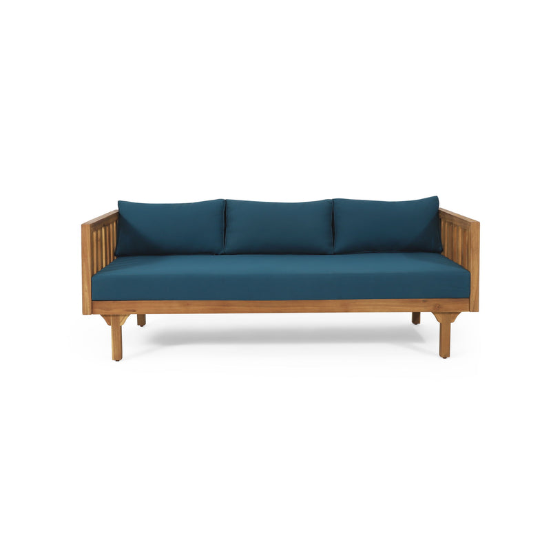 Noble House Claremont 3-seater teak acacia wood daybed sofa with water-resistant cushions, ideal for outdoor lounging.