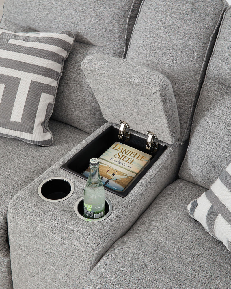 Biscoe - Power Reclining Loveseat With Console /Adj Headrest - Pewter - R&R Furniture Gallery (Fountain Valley, CA)