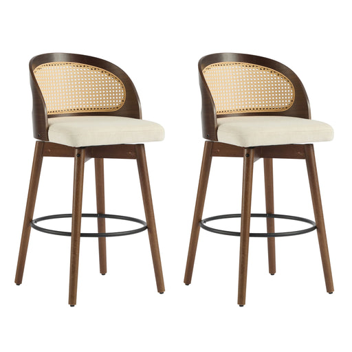 Pair of Noble House Como indoor wood barstools with sleek design, perfect for kitchen or bar area seating.