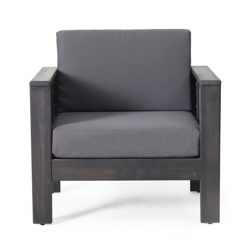 Noble House slat design arm chairs with cushions, stylish wooden lounge chairs for living room or patio seating.
