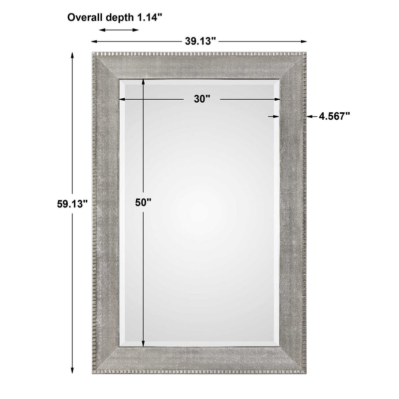 Silver metallic wall mirror from the Leiston collection by Uttermost featuring a sleek, modern design with a reflective surface.