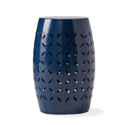 Navy blue outdoor lace cut side table by Noble House, featuring intricate lace design and sturdy metal frame for outdoor use.