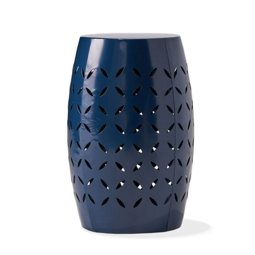 Navy blue outdoor lace cut side table by Noble House, featuring intricate lace design and sturdy metal frame for outdoor use.