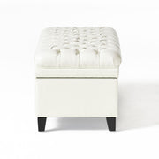 Noble House Juliana storage ottoman with birch legs, upholstered in fabric, showing a plush cushioned top and wooden legs.