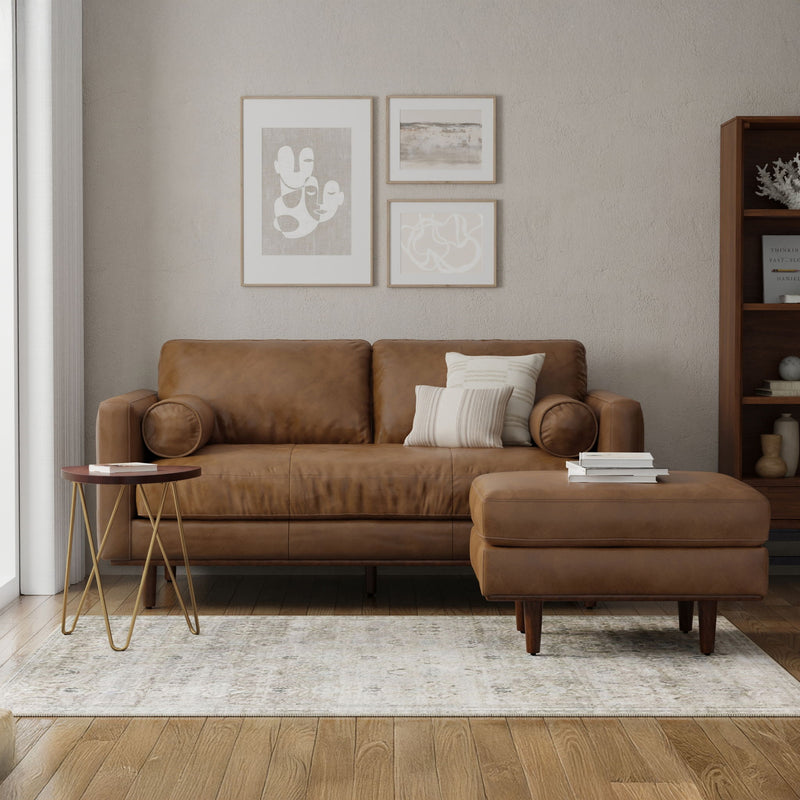 Simpli-Home Morrison upholstered stationary sofa with plush fabric and modern design, shown in a cozy living room setting.