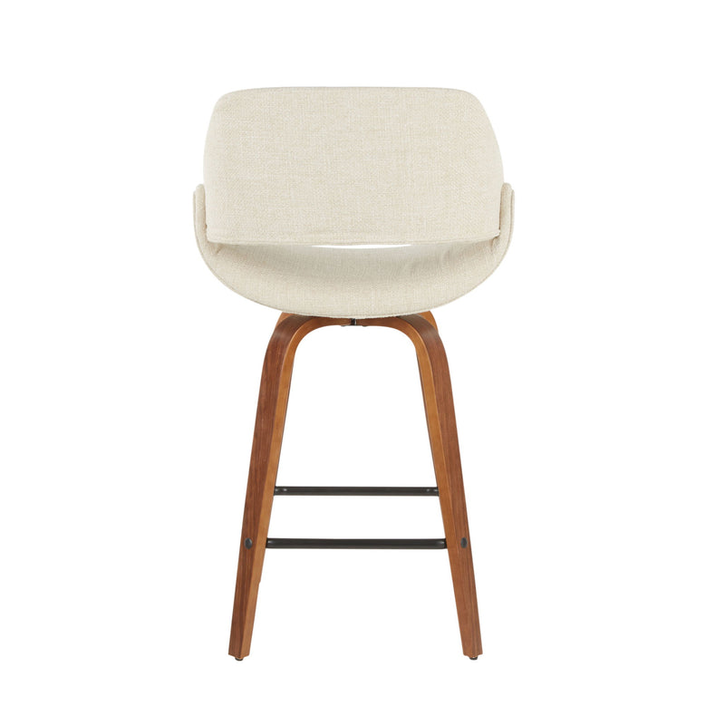 Lumi Source Fabrico mid-century modern counter stool set of 2 with wooden legs and upholstered seats for kitchen or bar area.