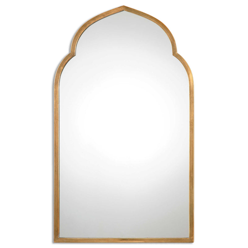 Uttermost Kenitra arched mirror with a sleek, modern frame, reflecting a stylish home interior.