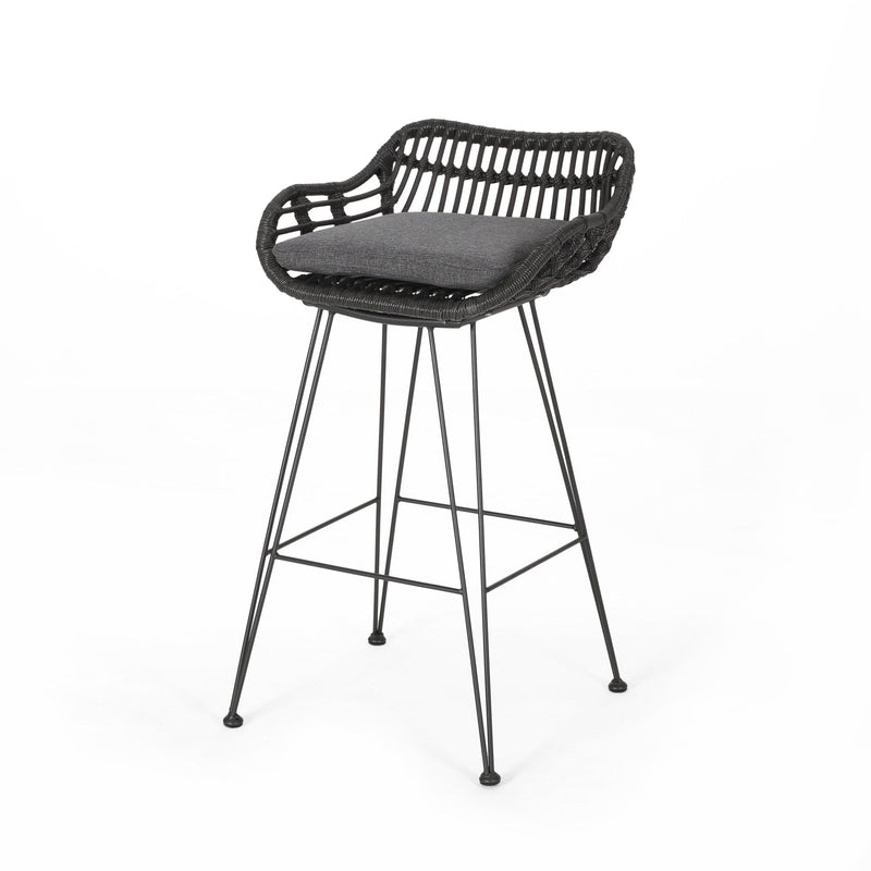 Outdoor rattan bar chair with metal legs from Noble House, part of a stylish stool set, featuring a woven rattan seat and sturdy metal frame.