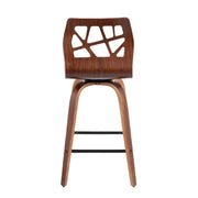 Set of two Lumi Source Folia mid-century modern counter stools with wooden seats and black metal legs, shown from a side angle.